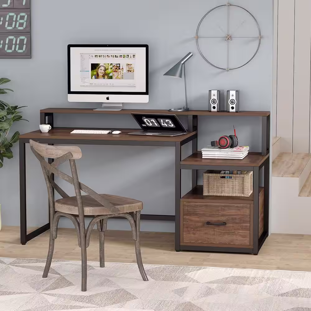 None Havrvin 61 in. Rectangular Rustic Brown Engineered Wood One Drawer Computer Desk with Two Open Shelf
