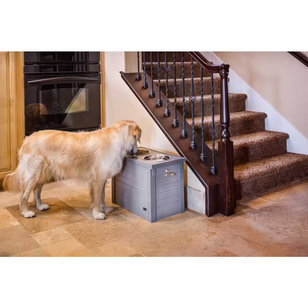 New Age Pet Piedmont 35oz. Elevated 2-Bowl Dog Bowl Diner with Sliding Lid Storage Bin in. Grey
