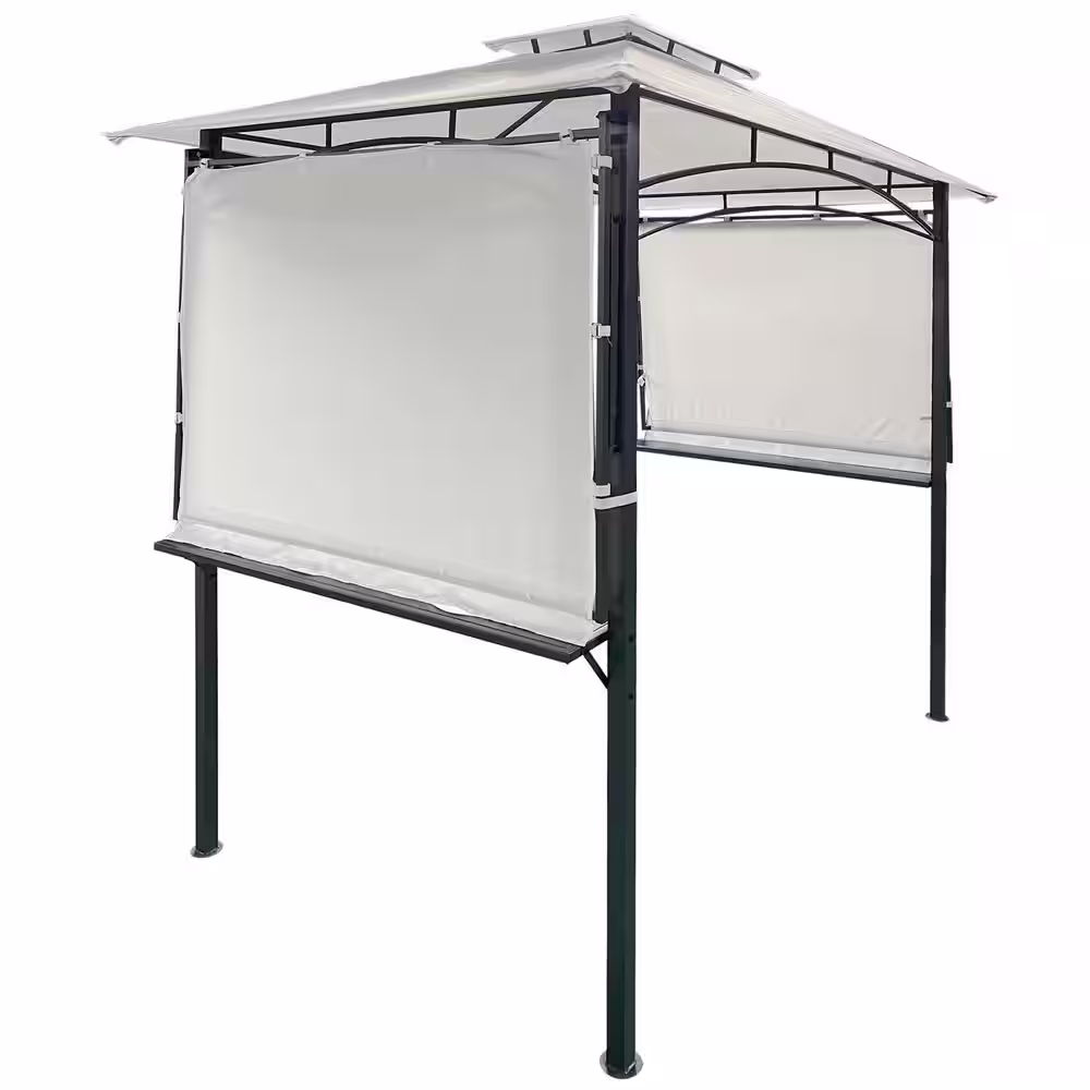 Tunearary 13 ft. x 4.5 ft. Iron Backyard BBQ Grill White Gazebo with Bar Counters Extendable Shades