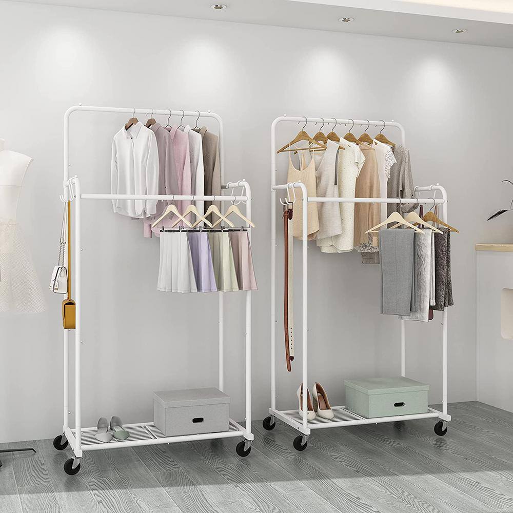 None White Metal Garment Clothes Rack Double Rods 28.5 in. W x 59.6 in. H