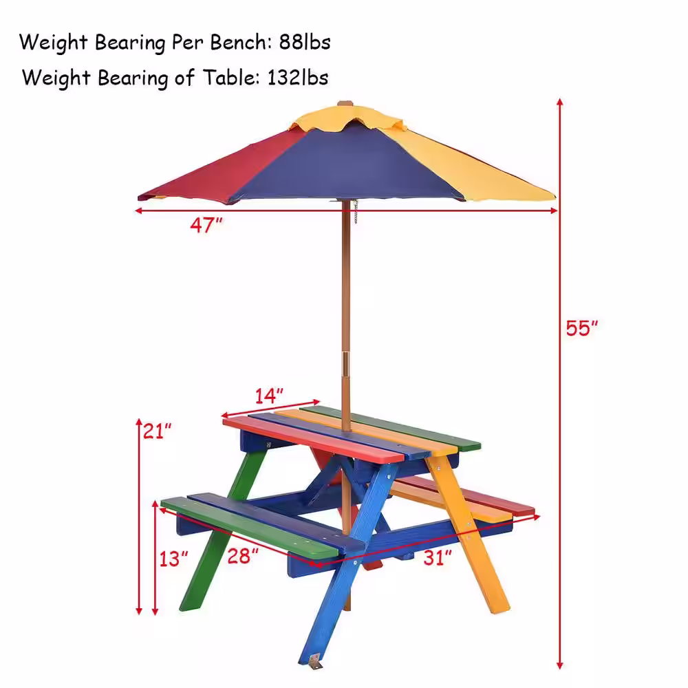 None Rectangular Wood Kids Picnic Table with Bench and Umbrella (4-Seat)