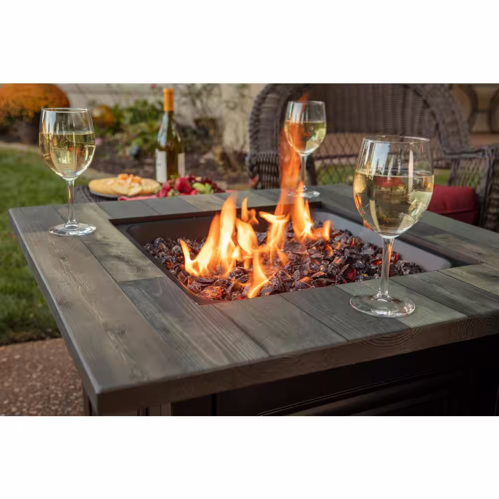 Endless Summer 30 in. W x 25.4 in. H Square Steel Frame and Wood Grain Print Resin Mantel LP Gas Fire Pit with Integrated Ignition