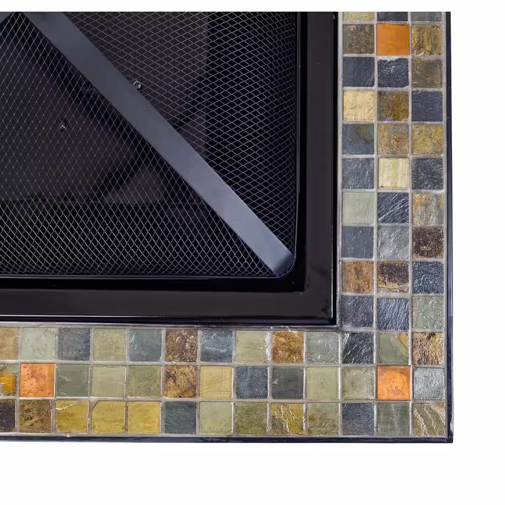 Pleasant Hearth Cascade Slate Top 34 in. Wx22.5 in. H Square Steel Wood Black Fire Pit