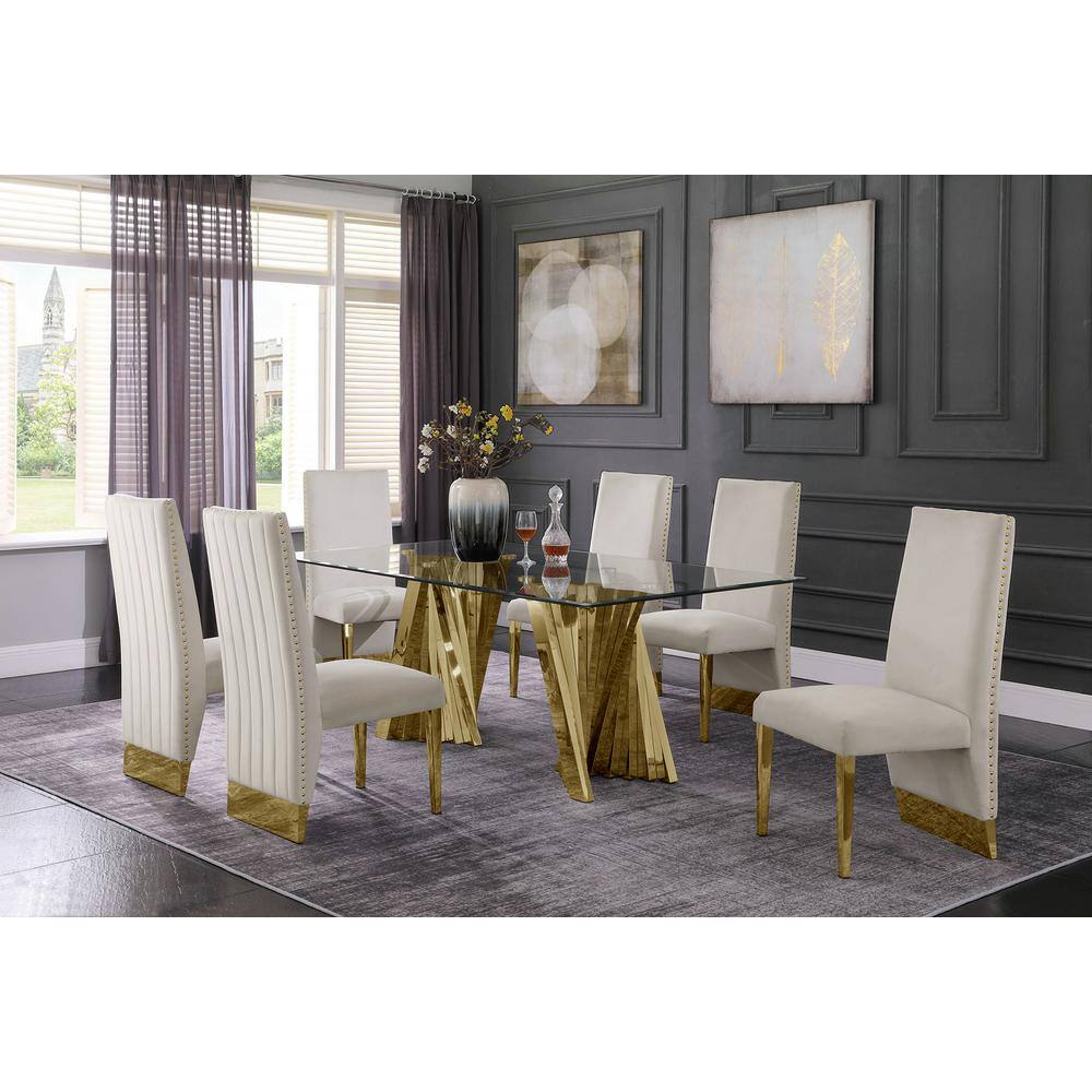 None Becky 7-Piece Rectangular Glass Top with Gold Stainless Steel Base Table Set with 6-Cream/Beige Nail Head Velvet Chair