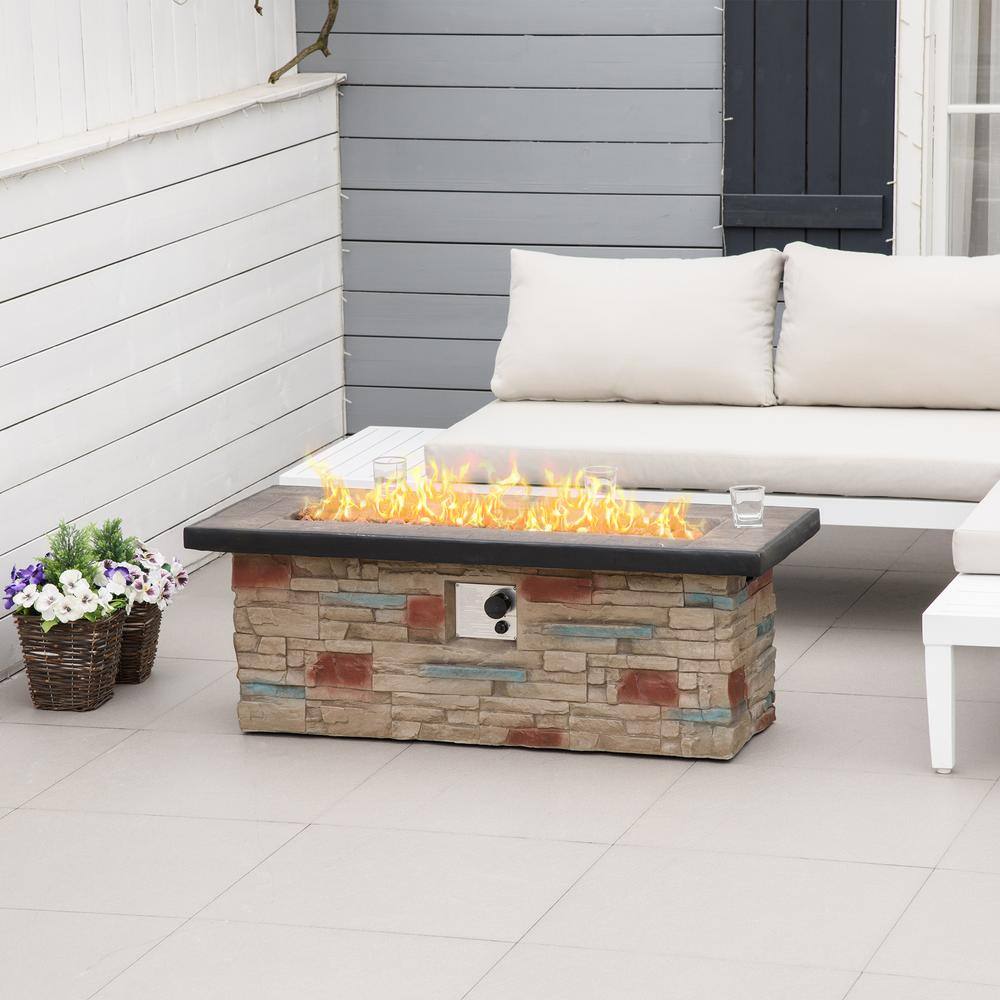 Outsunny Rectangular Stone Fire Pit Table with Protective Cover