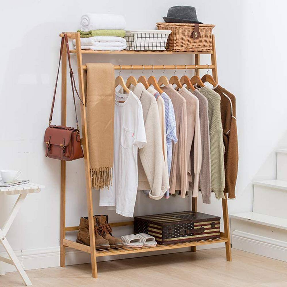 None Natural Bamboo Garment Clothes Rack with Shelves 39.4 in. W x 54.7 in. H
