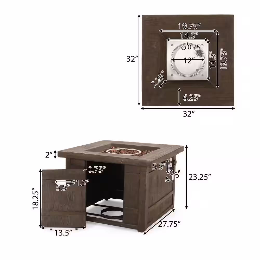 Noble House Clyde 32 in. x 23 in. Square Concrete Propane Fire Pit in Natural Wood