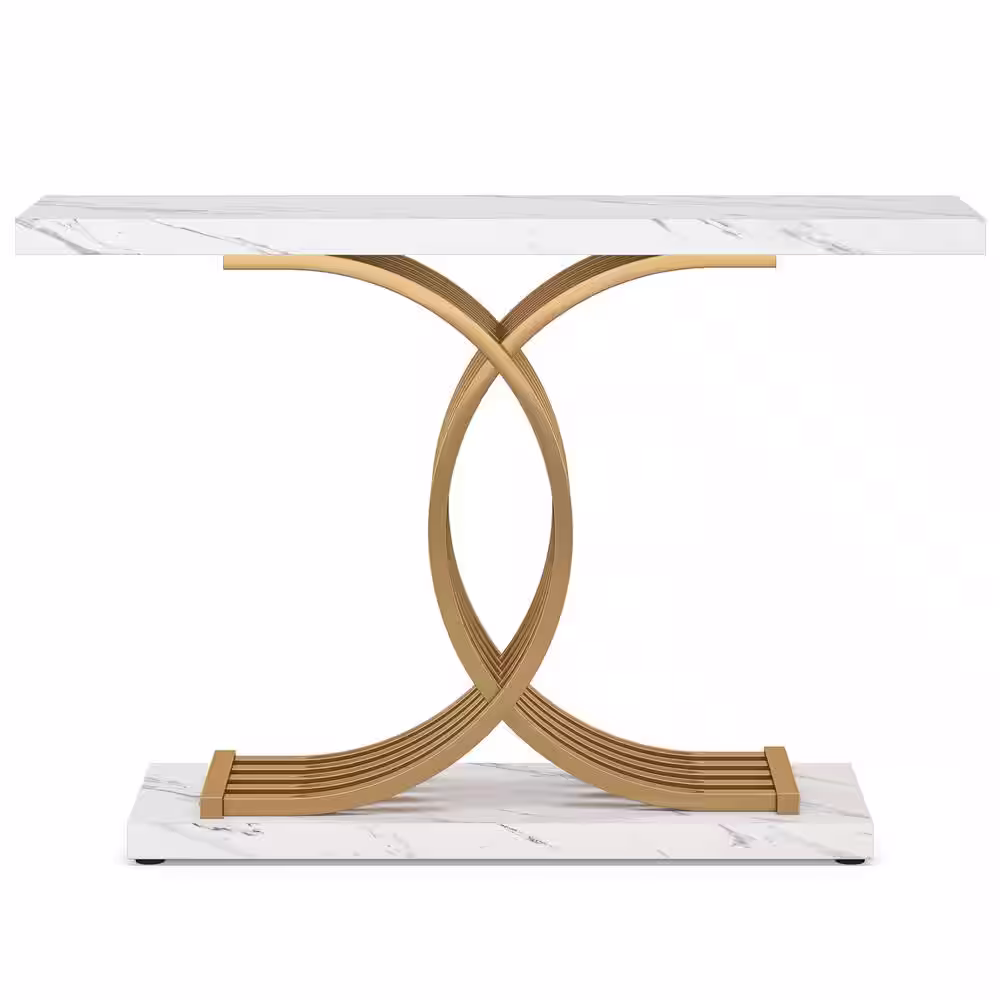 None Catalin 40 in. White Rectangle Wood Console Table, Modern Sofa Table with Geometric Frame