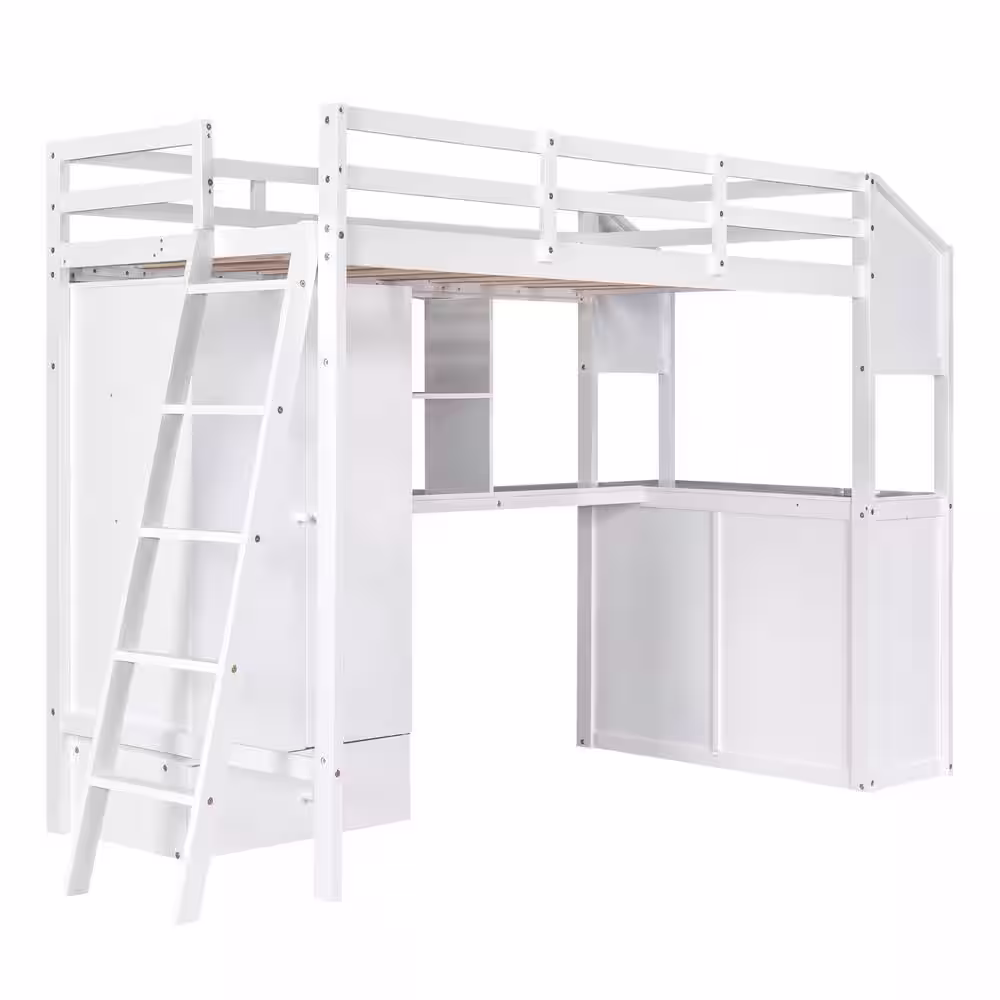 Harper & Bright Designs White Twin Loft Bed with Wardrobe, 7-Drawers and Attached Desk with Shelves