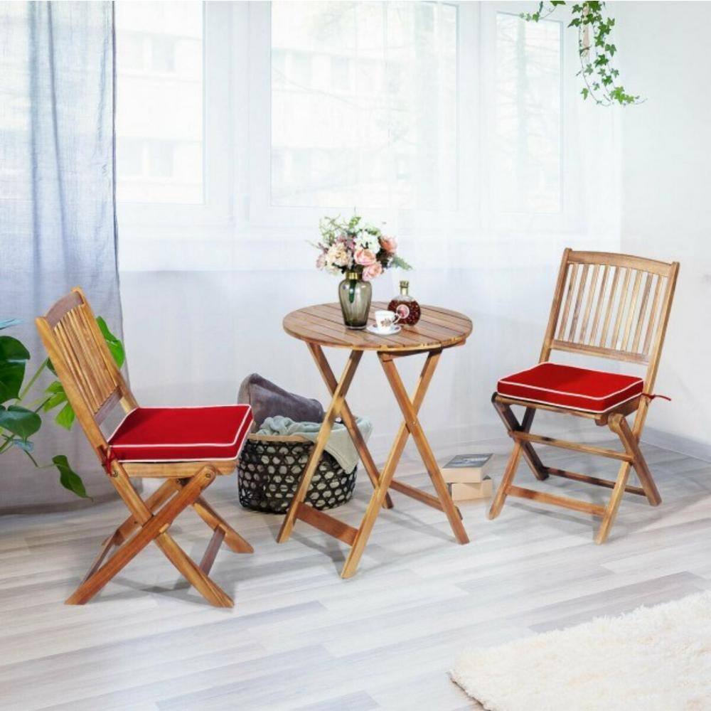 None 3-Piece Acacia Wood Round Outdoor Bistro Set Classic Garden Bistro Set with Red Cushions