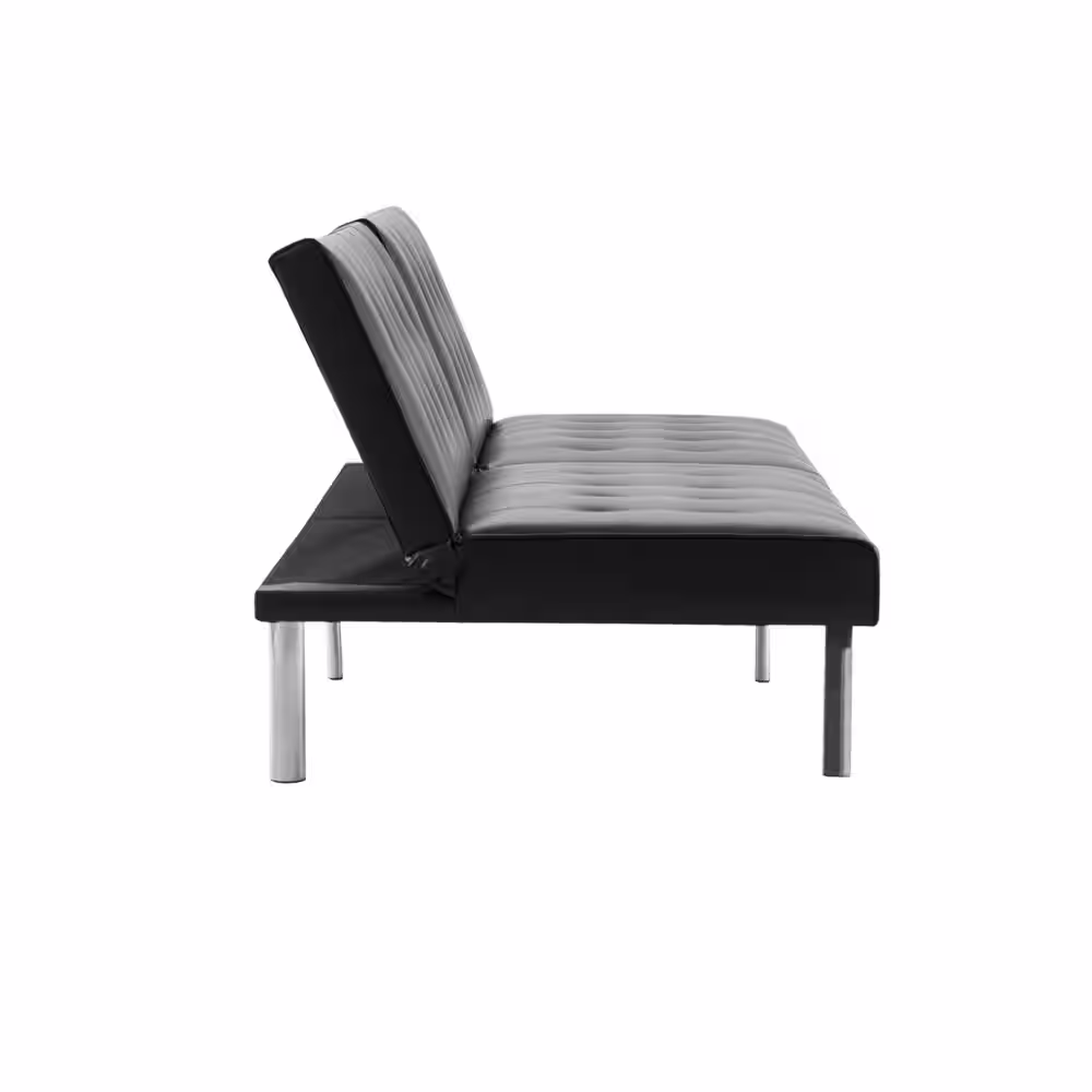 HOMESTOCK Black, Linen Tufted Split Back Futon Sofa Bed, Couch Bed, Futon Convertible Sofa Bed with Metal Legs