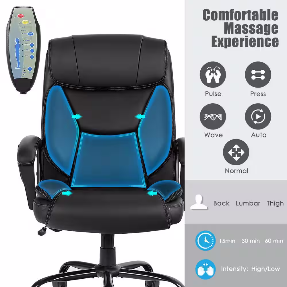 Costway 500 lb. Black Executive PU Leather Adjustable Height Computer Desk Chair Massage Office Chair