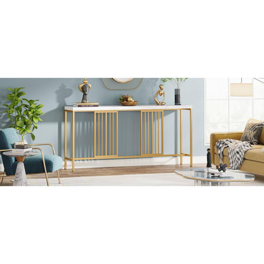 BYBLIGHT Turrella 70.9 in. Gold Extra Long Rectangle Wood Console Table with Gold Iron Tube Frame