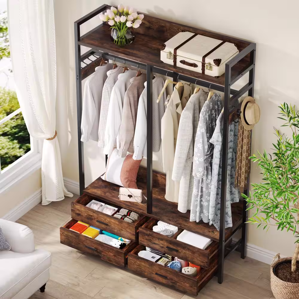 TRIBESIGNS WAY TO ORIGIN Carmalita Brown Closet Organizer Hanging Rod Garment Shelves 4 Drawers 8 Hooks Rack 70.9 in. H x 15.7 in. W x 47.2 in. D