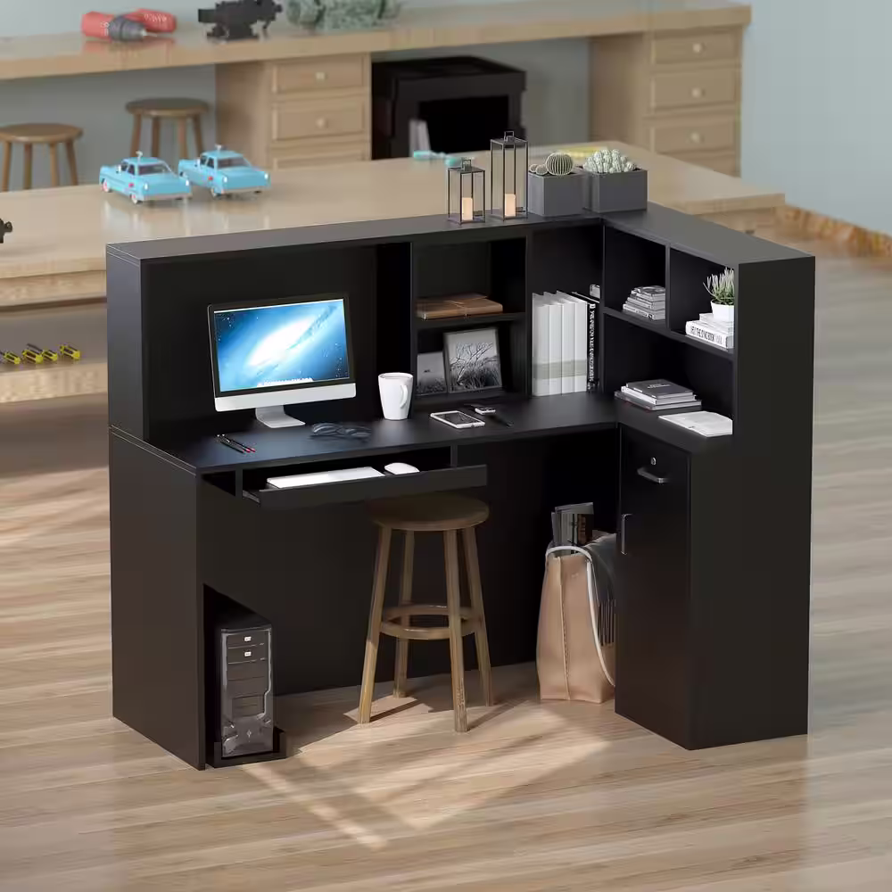 FUFU&GAGA 55.9 in. L Shaped Black Wood Executive Desk Reception Desk Computer Writing Desk W/Removable Shelves, Drawer, Cabinet
