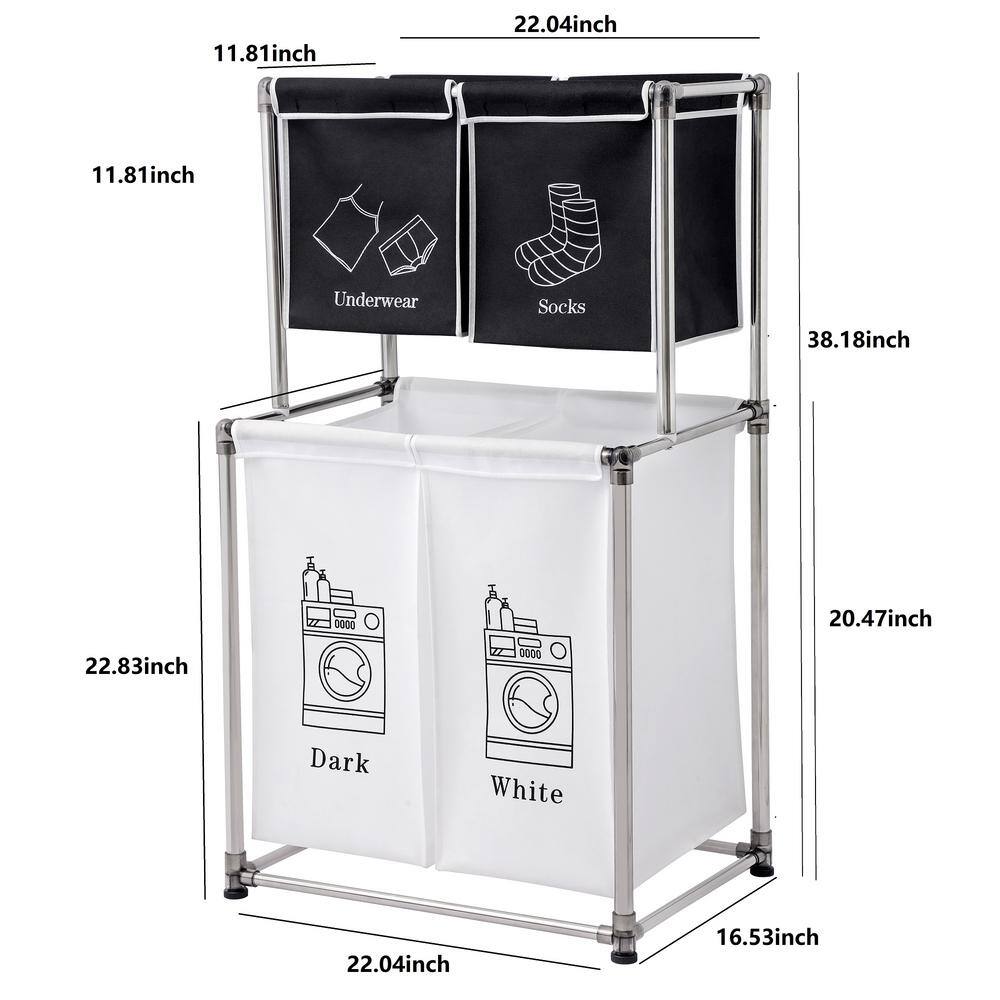 None 2-Tier Black and White Metal Laundry Hamper with 4 Removable Bags