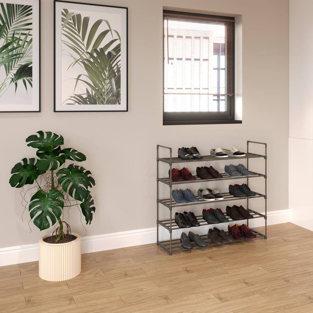 None 370 H 30-Pair 5-Tier Gray Polymer Shoe Rack