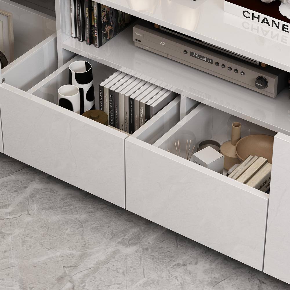 FUFU&GAGA 70.8 in. W x 14.5 in. D x17.3 in. H, White Smooth Finished Wooden Table up to 75 in. with 4-Drawers and 1 Shelf