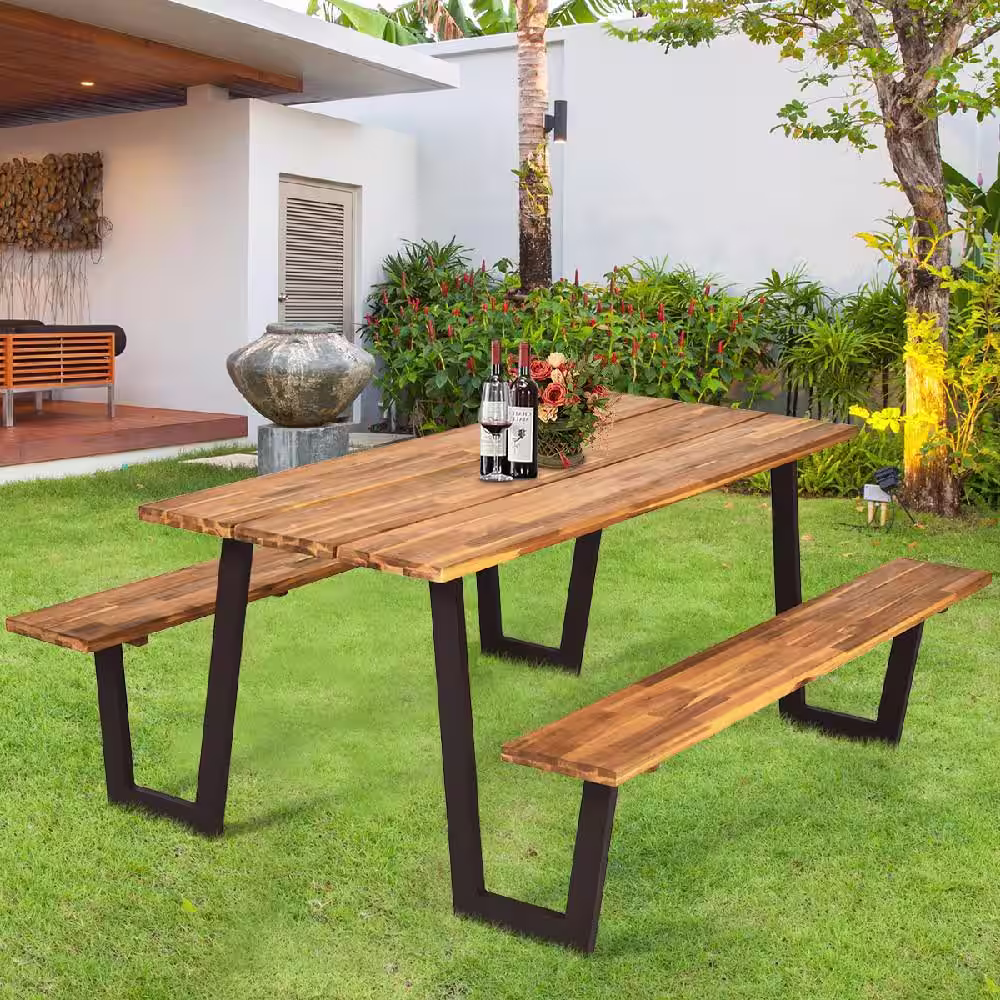 Costway Natural Rectangle Wood Picnic Table Dining Table Set with 2 Bench Seats and Umbrella Hole Patented