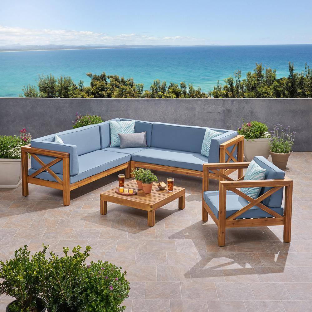 Noble House Brava Teak Brown 5-Piece Wood Patio Conversation Sectional Seating Set with Blue Cushions