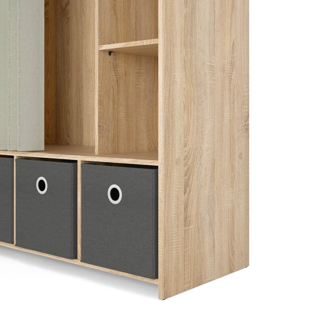 Tvilum Lola Oak Structure/Natural Fabric/Grey Textile Armoire with 3-Bins and Curtain 71.02 in. H x 41.34 in. W x 19.00 in. D
