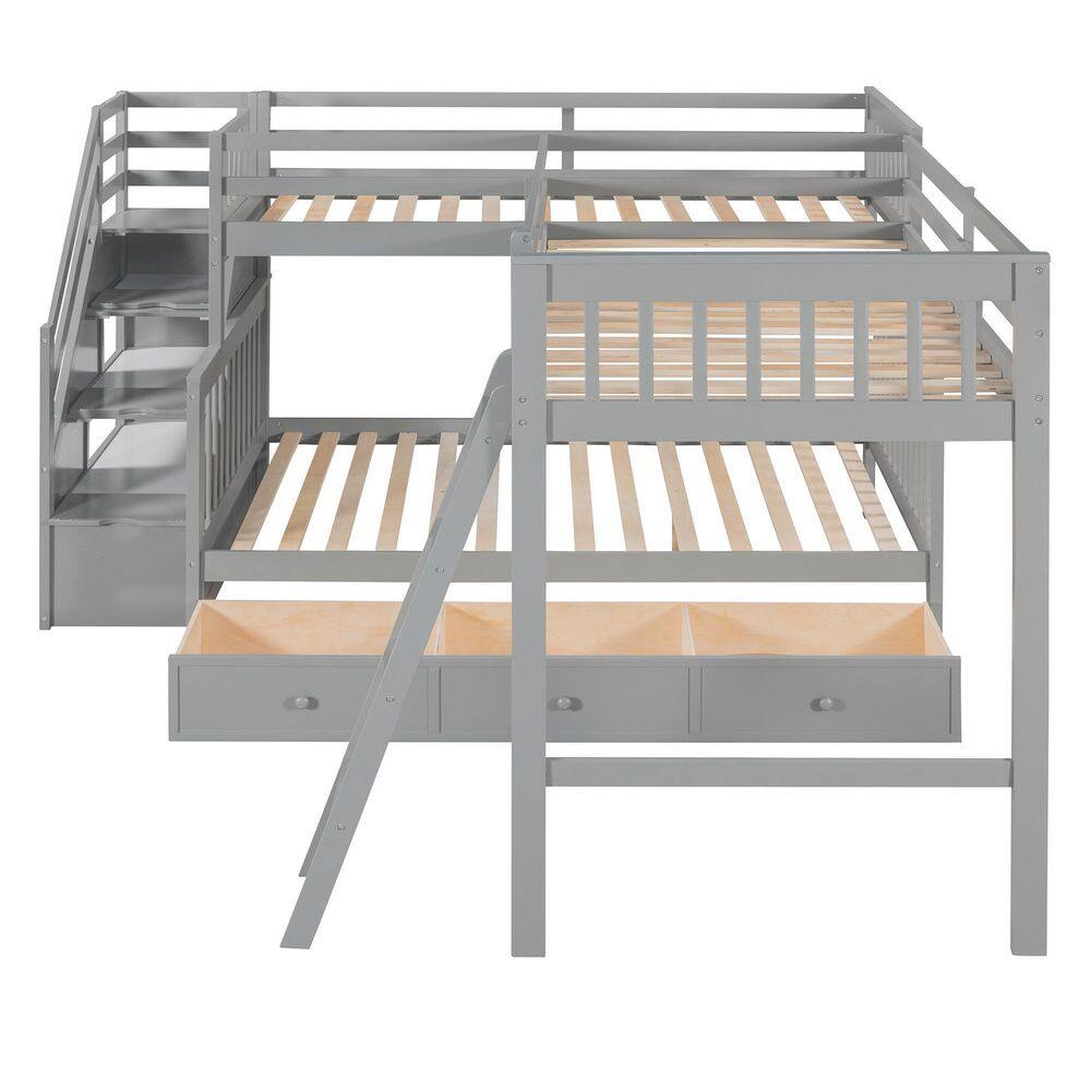 Qualler Gray Twin Over Full L-Shaped Bunk Bed With 3-Drawers and Staircase