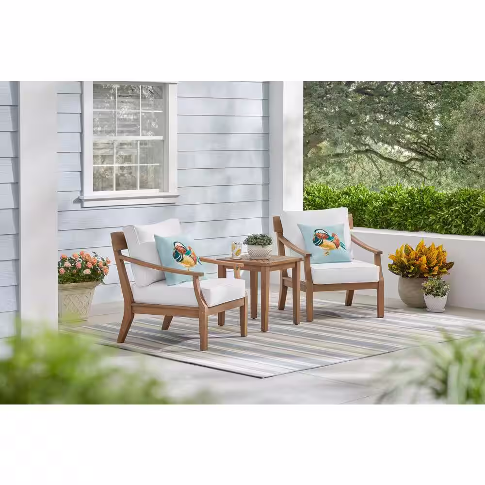Hampton Bay Woodford 3-Piece Eucalyptus Wood Square Outdoor Bistro Set with Cushion Guard Bright White Cushions
