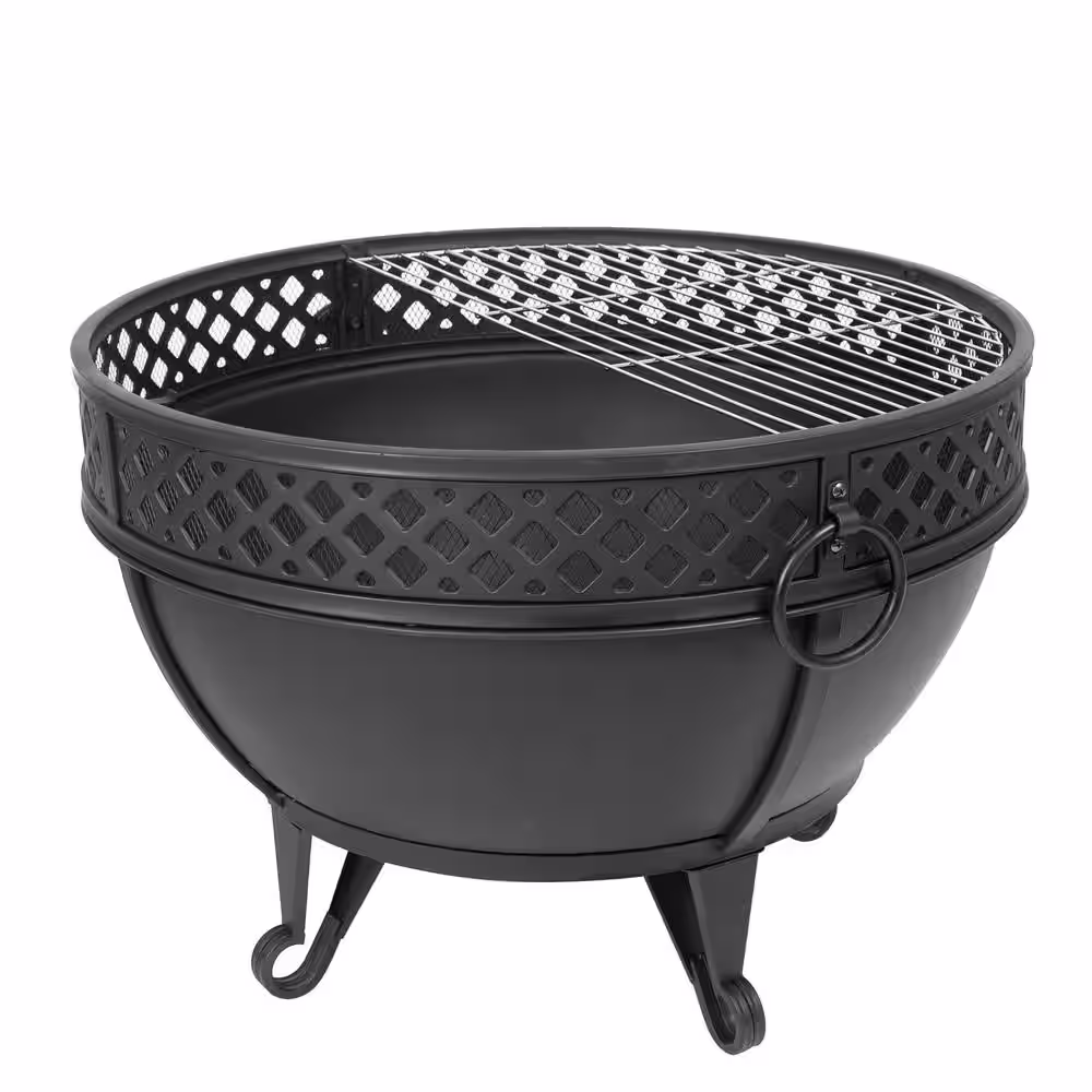 Pleasant Hearth Gable 28 in. W x 25.5 in. H Round Steel Wood Burning Black Fire Pit with Poker