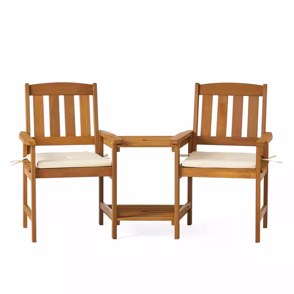 Noble House Cala Cream and Honey Oak 2-Piece Meranti Patio Deep Seating Set with Cream Cushions