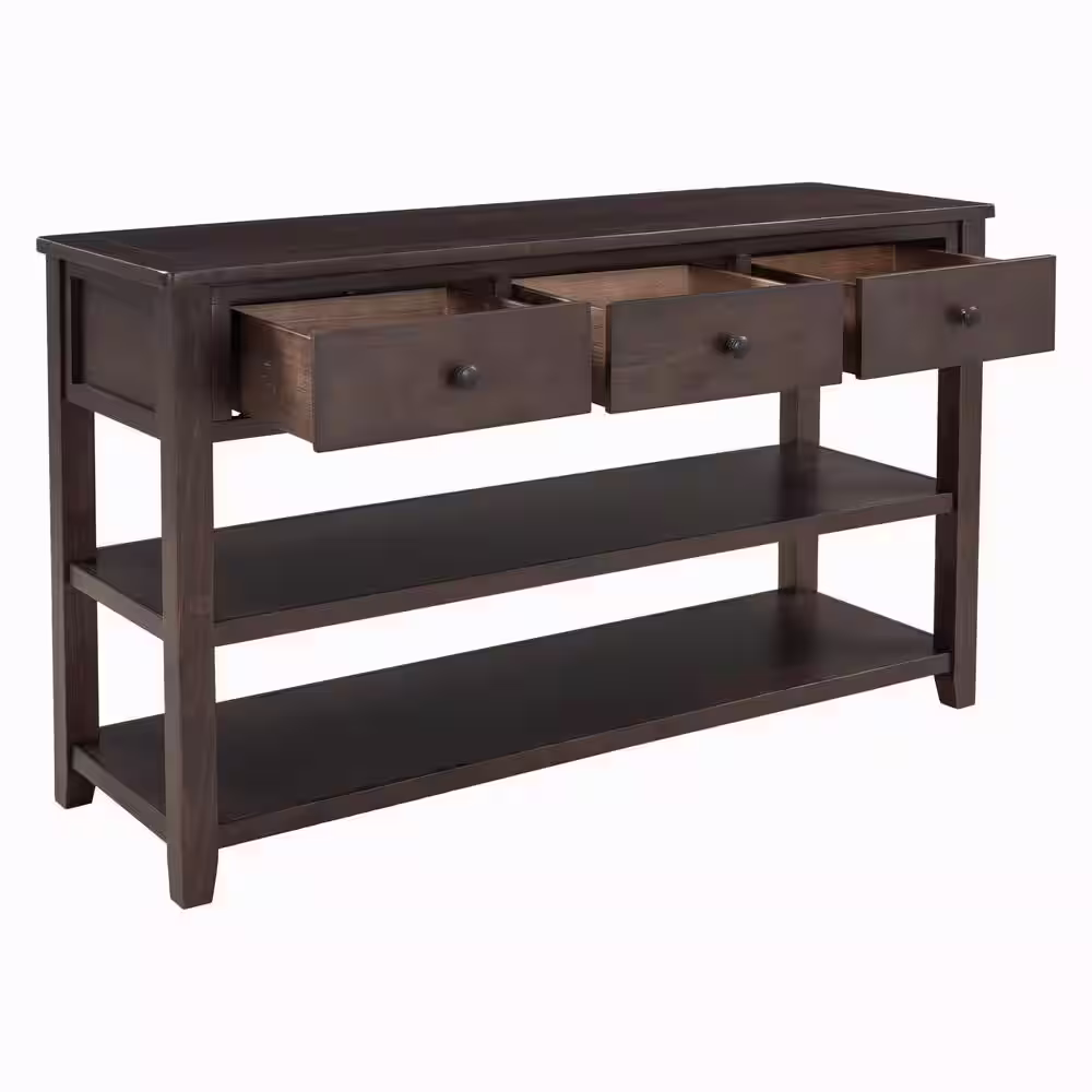URTR 50 in.Espresso Rectangle Wood Long Console Table with Drawers and 2-Tier Shelves, 3 Drawers Sofa Table