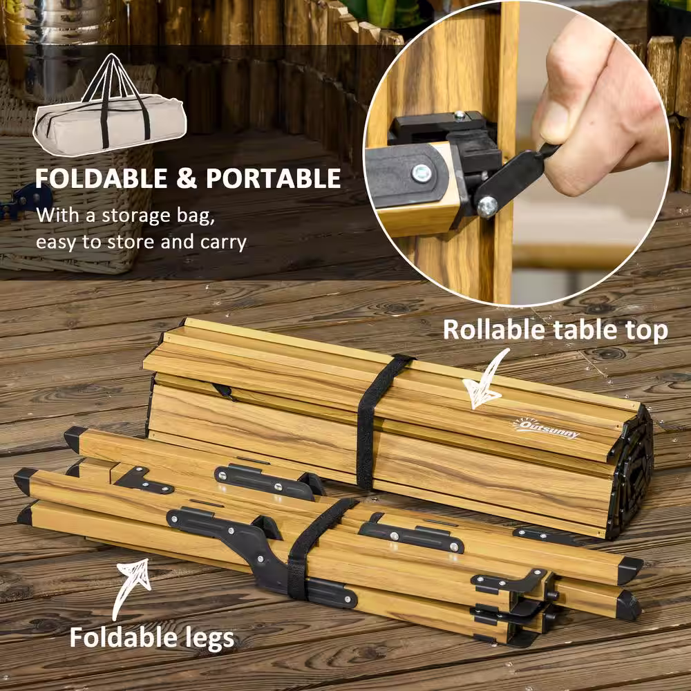 Outsunny 4 ft. Aluminum Camping Table, Folding Roll-Up Picnic Table With Carry Bag, Waterproof and Woodgrain Finish