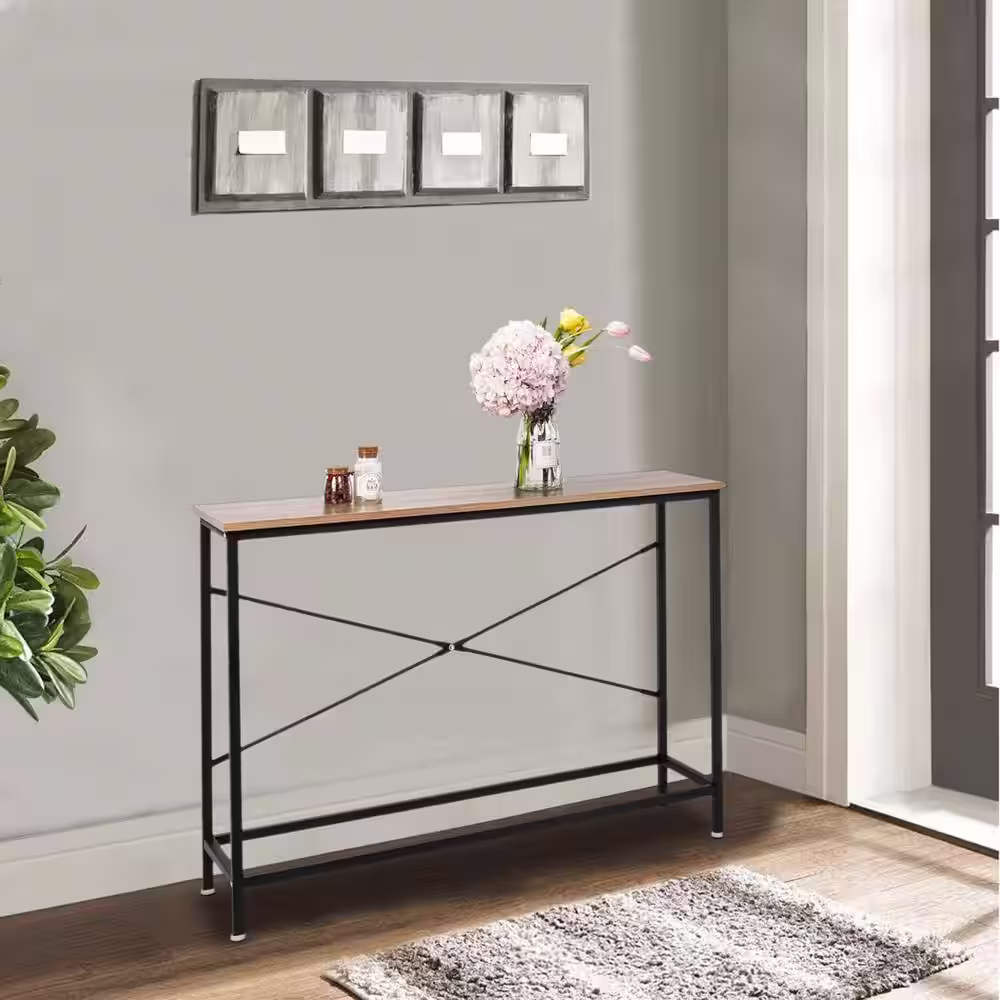 None 41.34 in. Standard Rectangle Oak Wood Console Table with Shelves