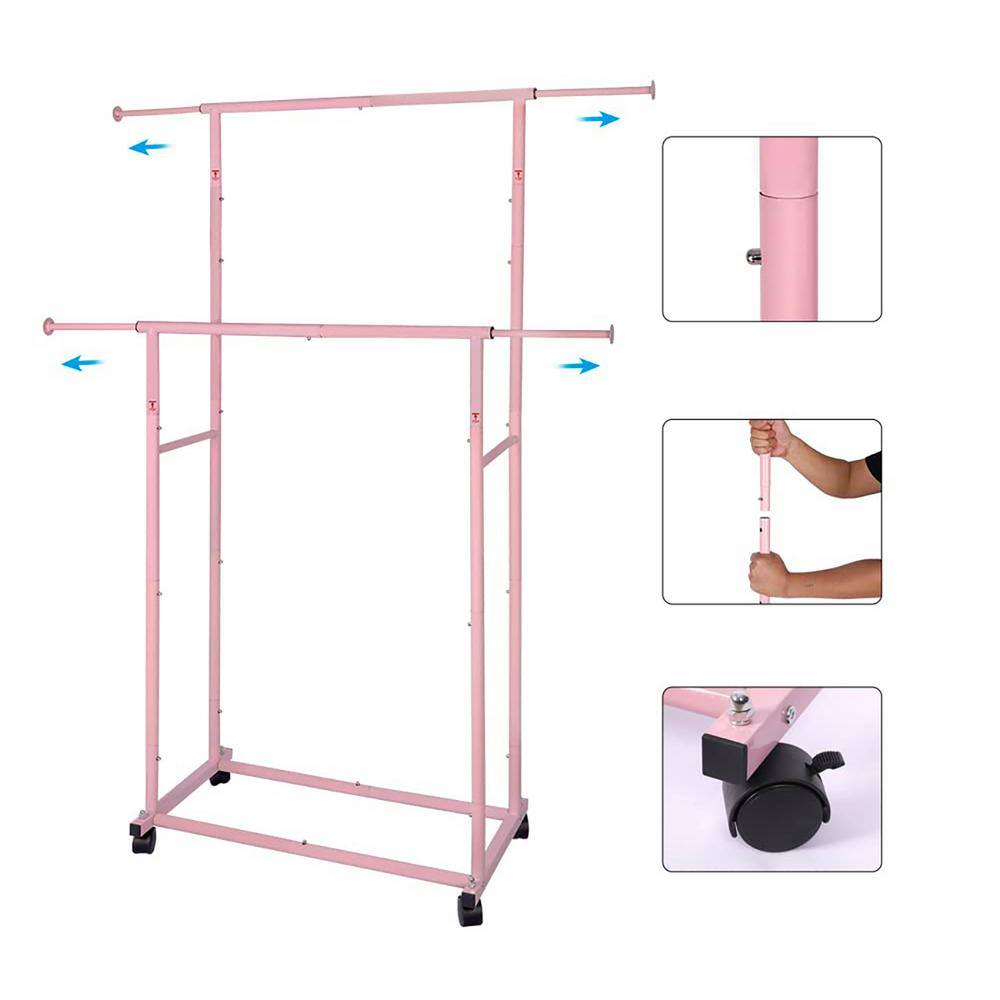 None Pink Metal Garment Clothes Rack Double Rod 48 in. W x 65 in. H