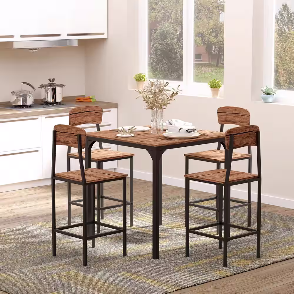 HOMCOM 5-Piece Walnut Counter-Height Dining Table Set with Footrests and Metal Legs