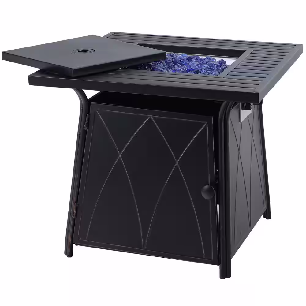 None 28.3 in. x 24.8 in. 50,000 BTU Square Metal Gas Fire Pit Table with Lid and Blue Fire Glass