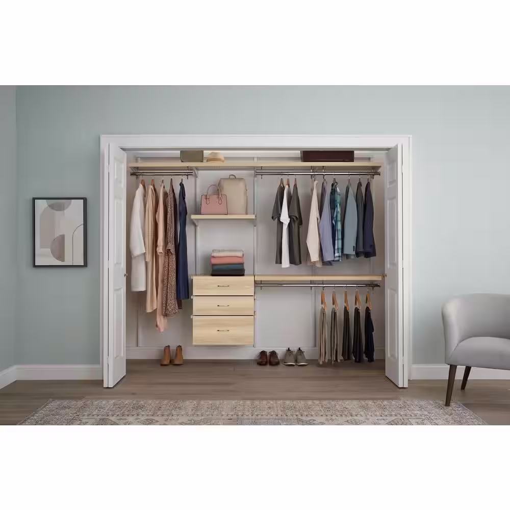 Everbilt Genevieve 8 ft. Birch Adjustable Closet Organizer Long and 2 Double Hanging Rods with 3 Shelves and 3 Drawers
