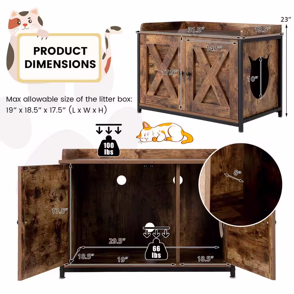 ANGELES HOME Wood Cat Litter Box Enclosure with Double Doors and Adjustable Footpads-Brown