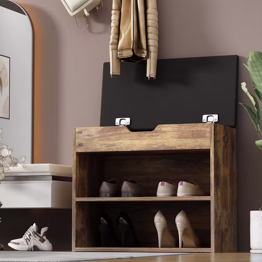 FUFU&GAGA 21.2 in. H x 24 in. W 6-Pair Shoes Brown Wood Shoe Storage Bench with Hidden Storage Compartment