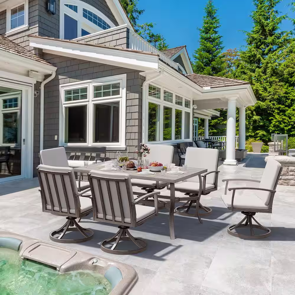 None Brown Swivel Rockers Chairs 7-Piece Aluminum Outdoor Dining Set with Rectangle Table and Gray Cushions