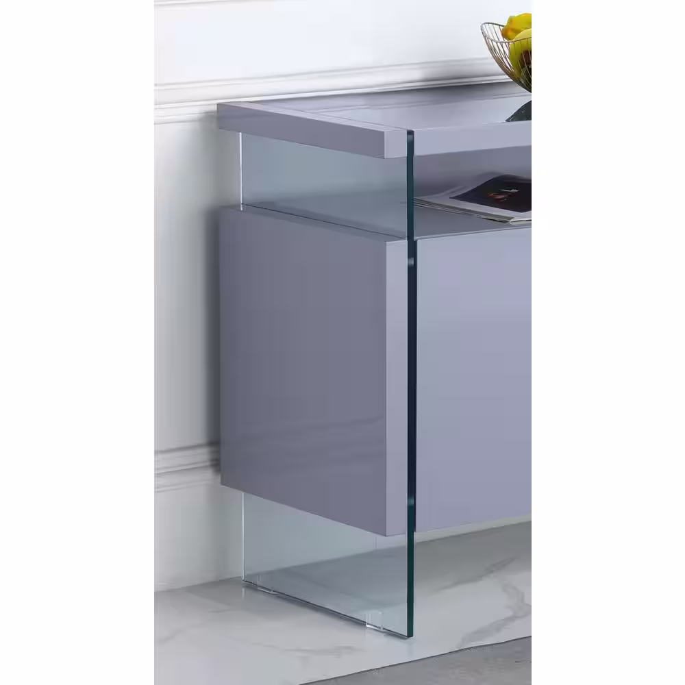 None Carly High Gloss Light Gray Wood Top 62 in. Wide Sideboard With Glass Legs