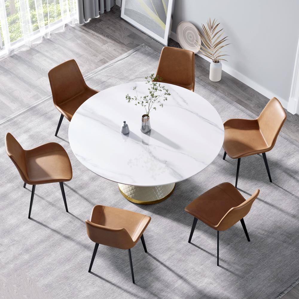 Magic Home 59.05 in. Circular Sintered Stone Tabletop Kitchen Dining Table with Beige PU and Metal Pedestal Base (6 Seats)