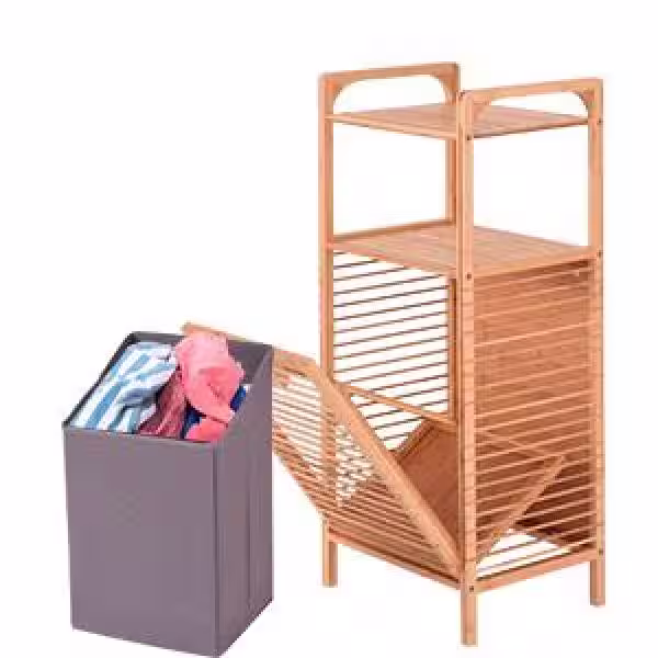 Costway Natural Bamboo Laundry Hamper Tilt Out Bin Shelf Storage
