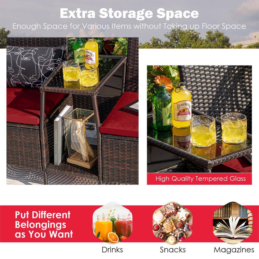 Costway 1-Piece Wicker Patio Conversation Set Sofa Loveseat Glass Table with Red Cushions