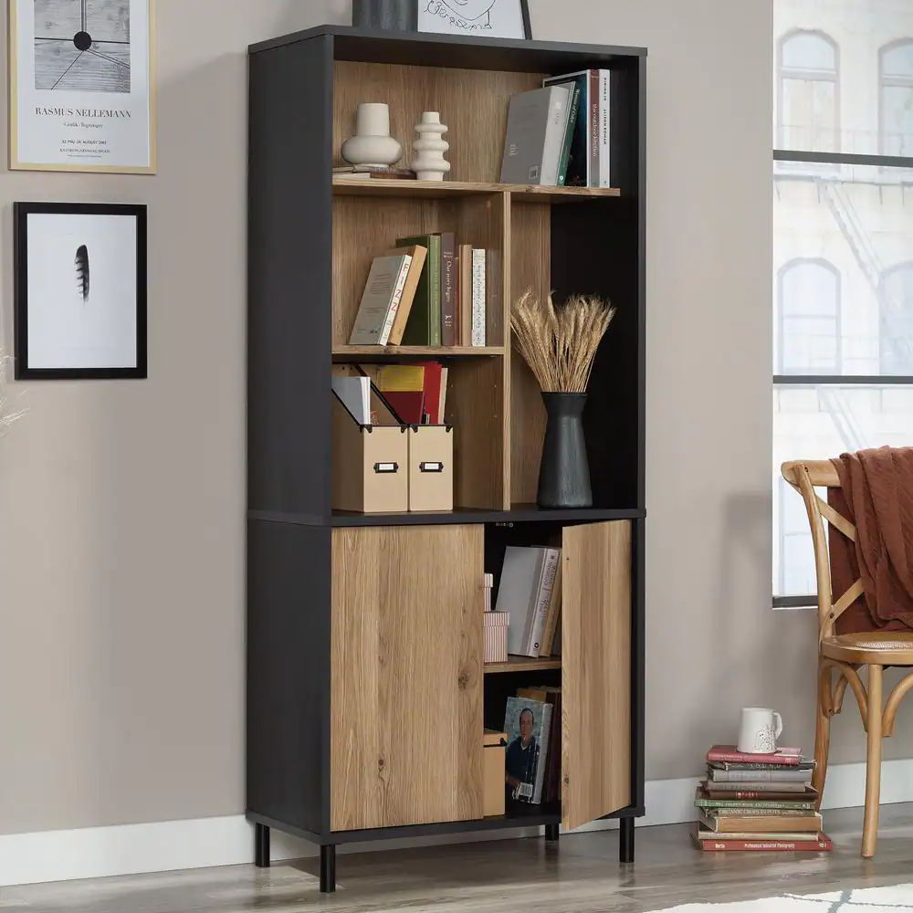 SAUDER Acadia Way 69.724 in. Raven Oak 5-Shelf Accent Bookcase with Doors