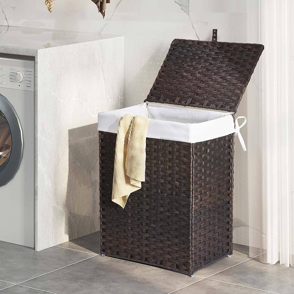 None 90L Rattan Laundry Basket Hamper with 2 Removable Liner Bags Brown