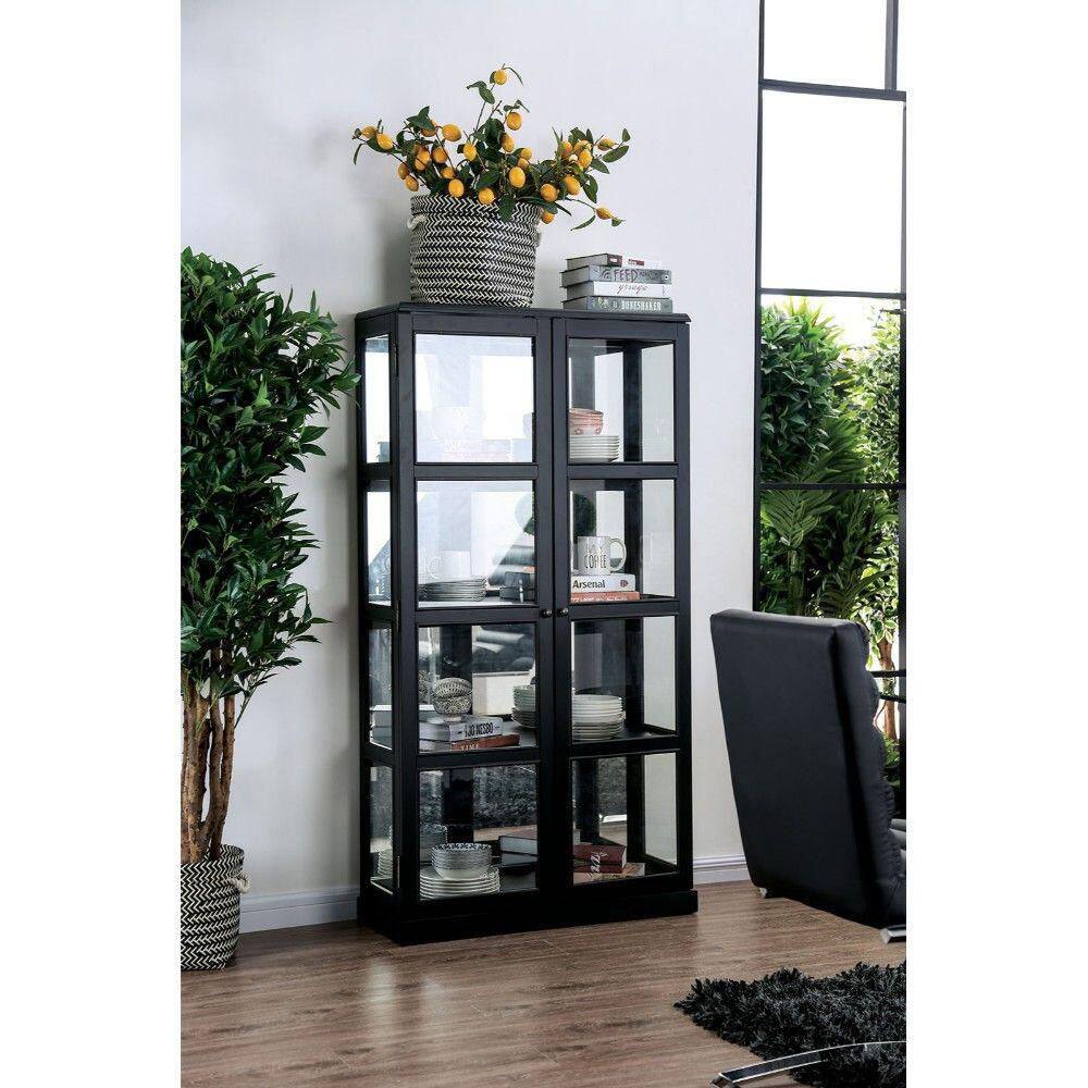 Benjara Transitional Black Wooden Curio Cabinet with Two Glass Doors and Four Shelves