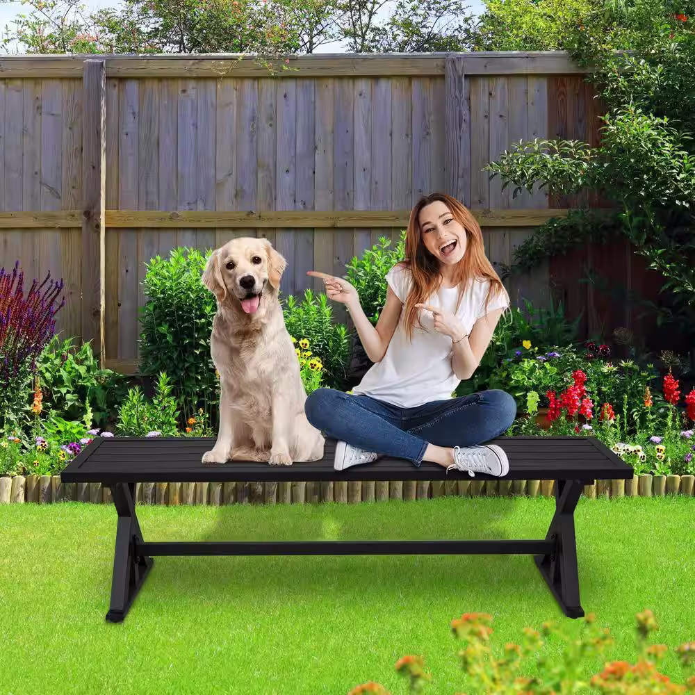 None 6-Piece Metal Outdoor Dining Set with Bench, Includes 4 Patio Swivel Chairs, 1 Garden Bench and 1 Rectangle Dining Table