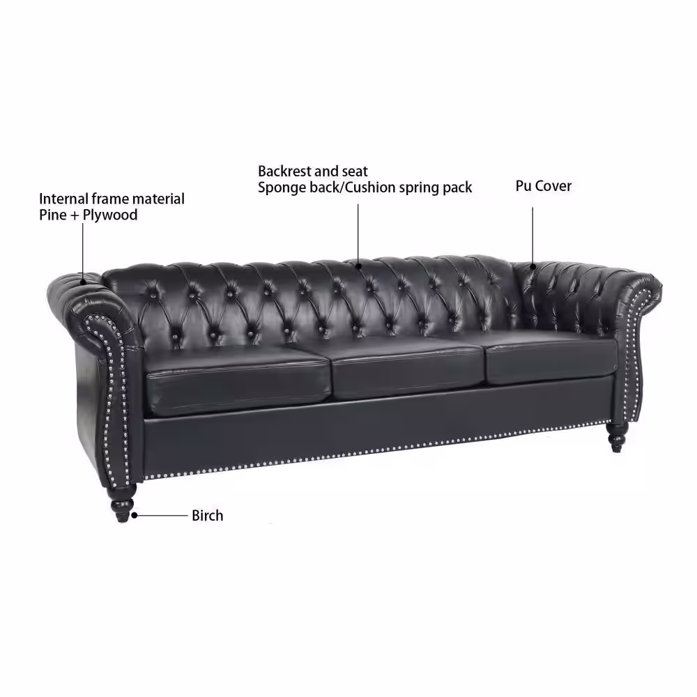 Harper & Bright Designs 84 in. W Rolled Arm Faux Leather Chesterfield Straight Sofa in Black