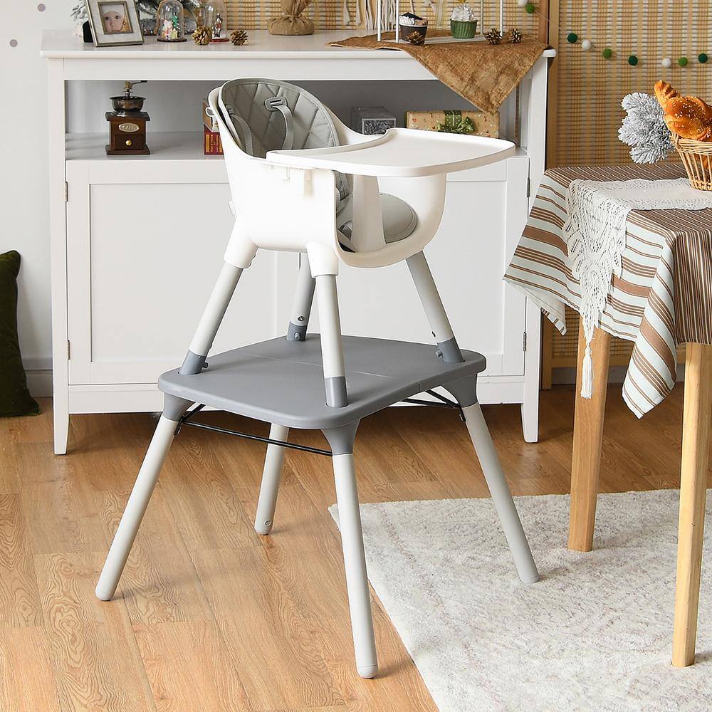 Costway 4 in 1-Baby Highchair Gray Plastic Convertible Toddler Table Chair Set with PU Cushion