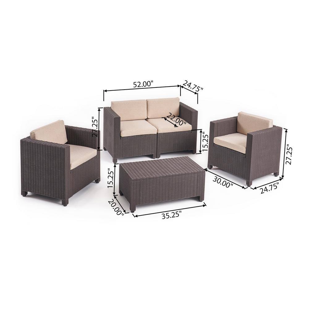 Noble House Primrose Dark Brown 4-Piece All Weather Faux Rattan Patio Conversation Set with Beige Cushions